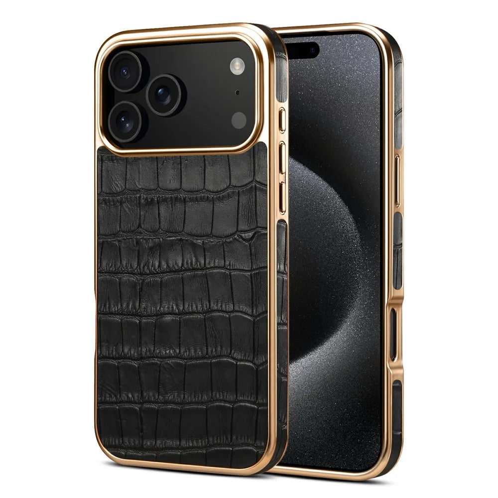 DENIOR For iPhone 17 Pro Case Genuine Cow Leather Crocodile Texture Electroplating Phone Cover - Black - 1