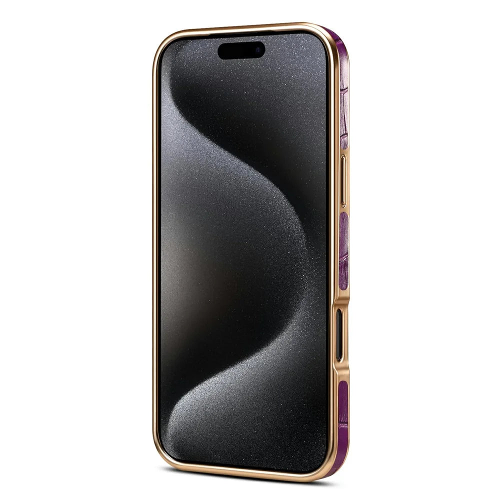 DENIOR For iPhone 17 Pro Max Case Genuine Cow Leather Crocodile Texture Electroplating Phone Cover - Black - 3
