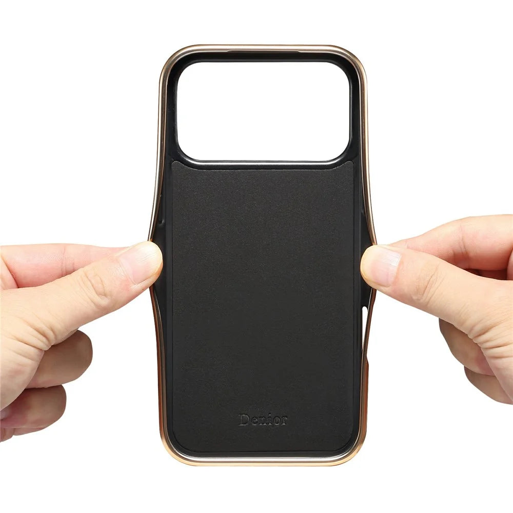 DENIOR For iPhone 17 Pro Max Case Genuine Cow Leather Crocodile Texture Electroplating Phone Cover - Black - 6