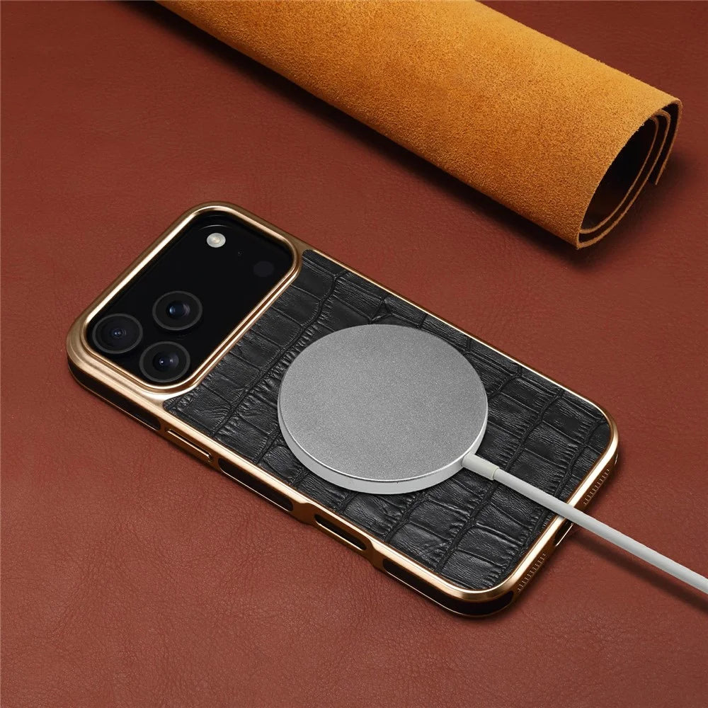 DENIOR For iPhone 17 Pro Max Case Genuine Cow Leather Crocodile Texture Electroplating Phone Cover - Black - 7