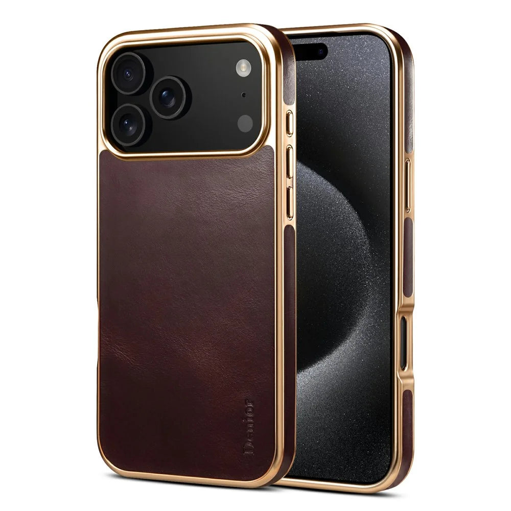 DENIOR A01 For iPhone 17 Pro Max Case Waxy Texture Genuine Cow Leather Electroplating Back Cover - Red - 1
