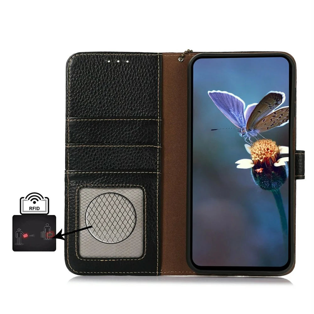 For Sony Xperia 10 IV 5G Case RFID Blocking Genuine Cow Leather Phone Cover Litchi Texture - Black - 4