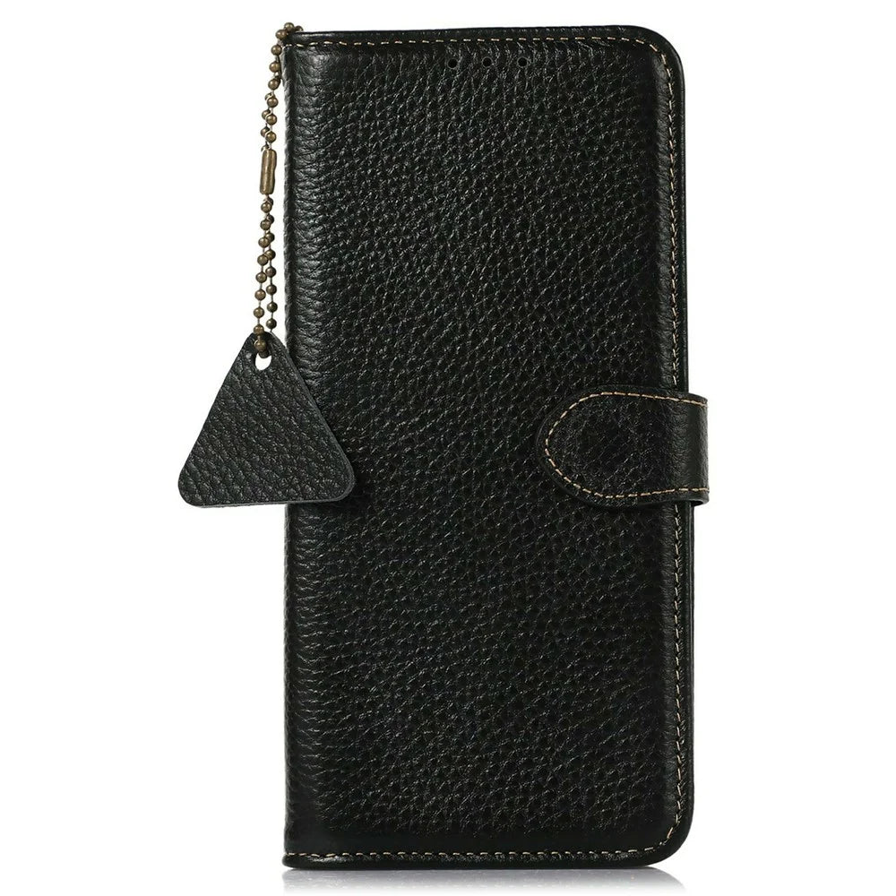 For Sony Xperia 10 IV 5G Case RFID Blocking Genuine Cow Leather Phone Cover Litchi Texture - Black - 6