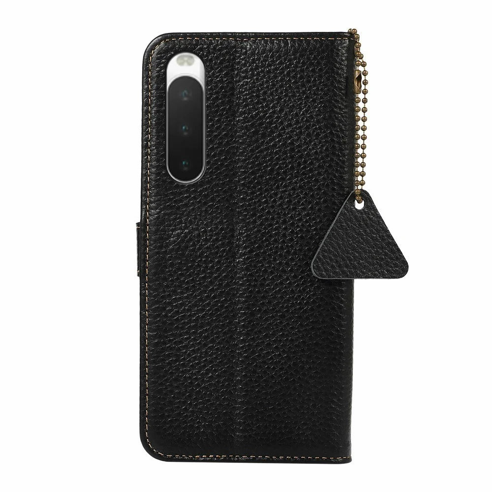 For Sony Xperia 10 IV 5G Case RFID Blocking Genuine Cow Leather Phone Cover Litchi Texture - Black - 7