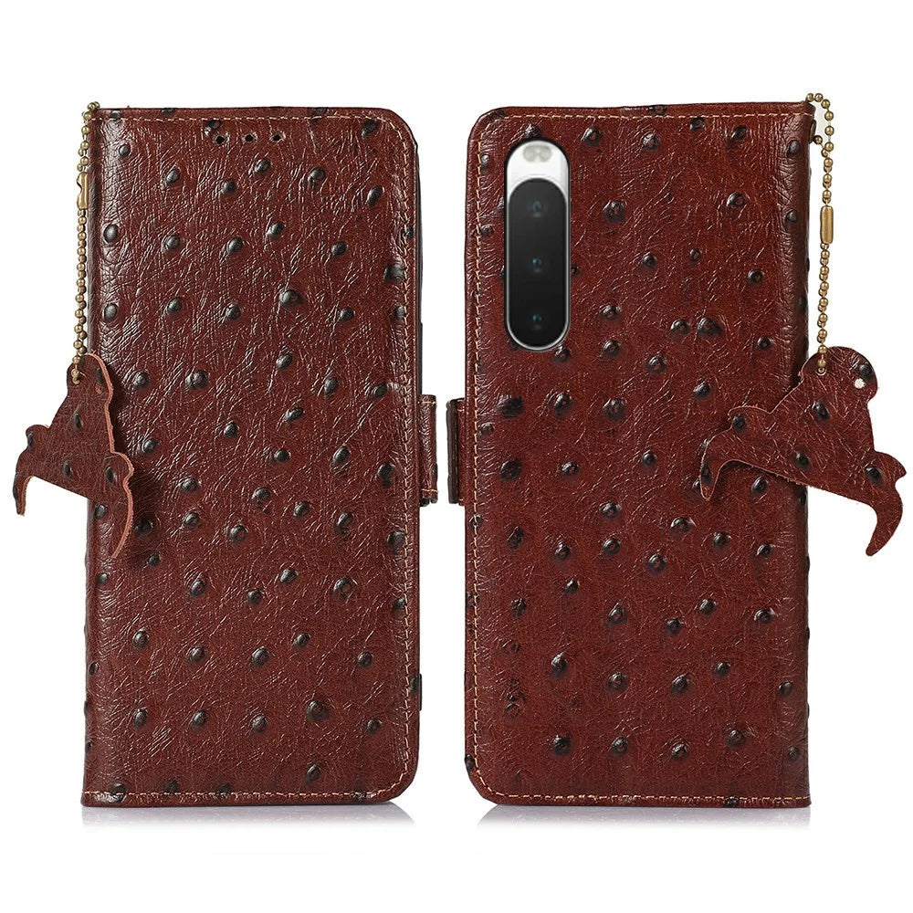 For Sony Xperia 10 IV 5G Case RFID Blocking Genuine Cow Leather Phone Case Ostrich Texture - Coffee - 1