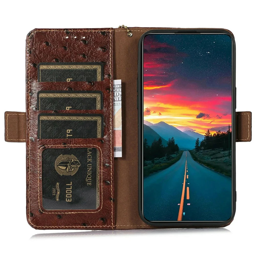 For Sony Xperia 5 IV 5G Case RFID Blocking Genuine Cow Leather Phone Case Ostrich Texture - Coffee - 2