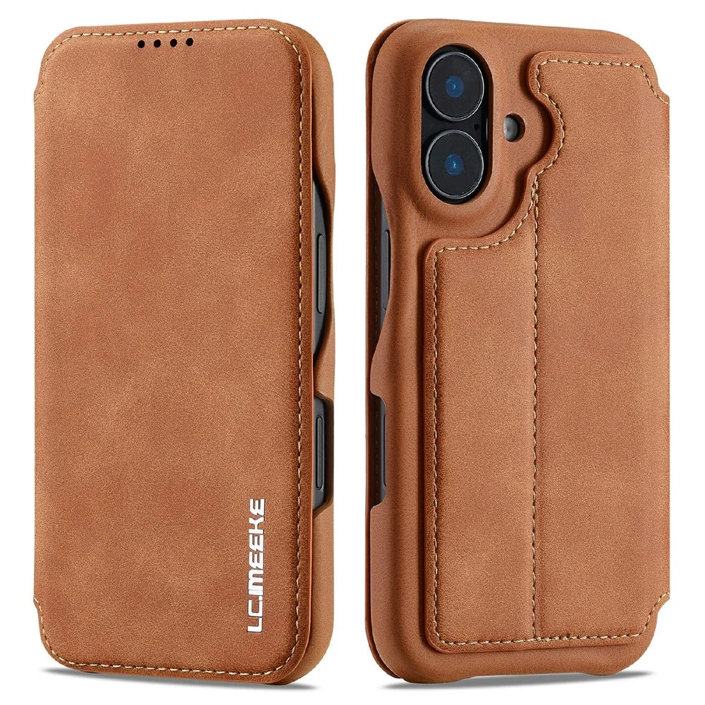 LC.IMEEKE For iPhone 17 Case Card Holder Stand Leather Phone Cover - Brown - 1