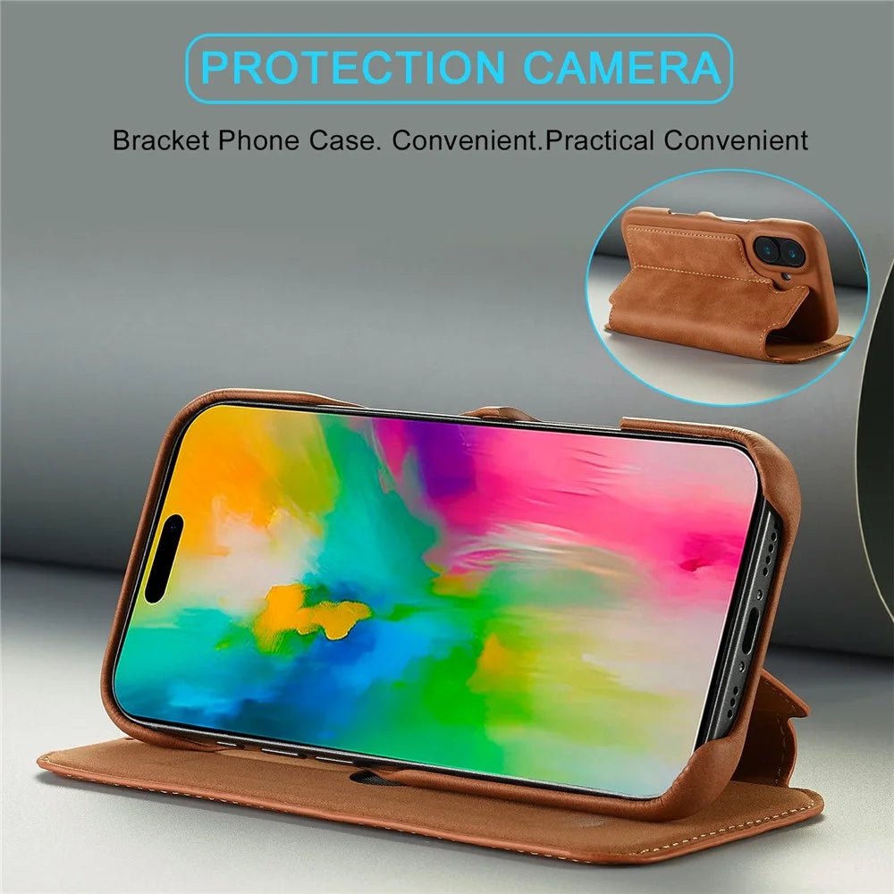 LC.IMEEKE For iPhone 17 Case Card Holder Stand Leather Phone Cover - Brown - 3