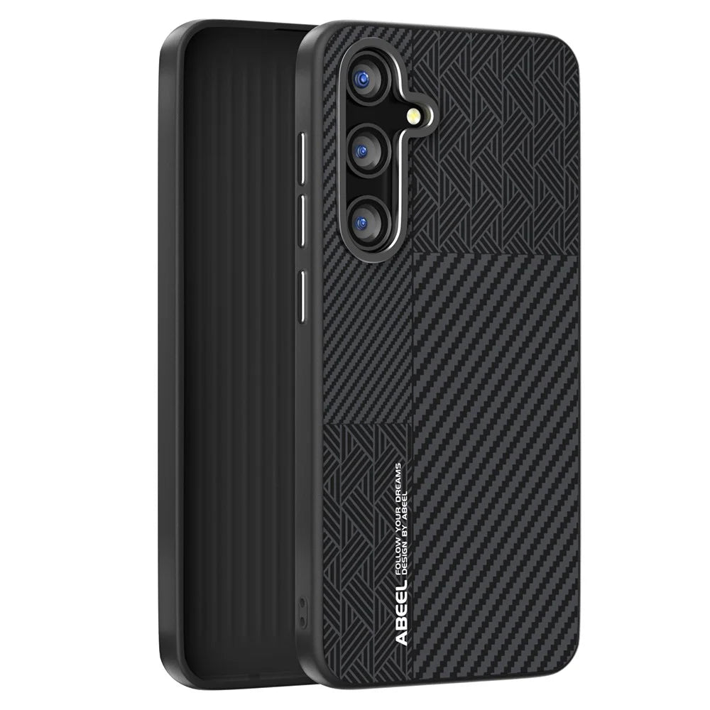 ABEEL For Samsung Galaxy S25 FE Magnetic Case PC + TPU + Aluminum Alloy + PU Leather Slim Phone Back Cover - Texture 3 - 2