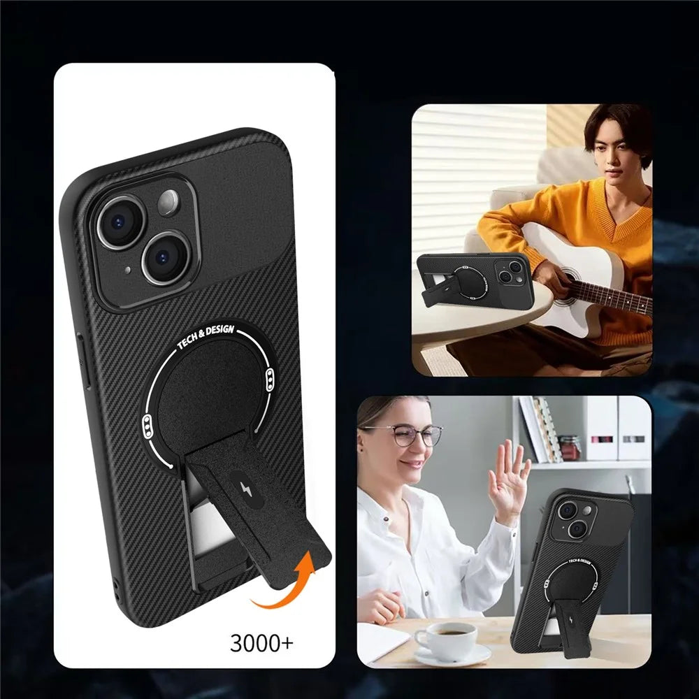 For iPhone 15 Case with Kickstand Carbon Fiber Texture PC + TPU Phone Cover - Black - 2