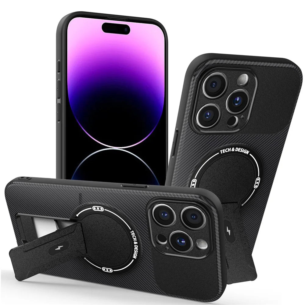 For iPhone 14 Pro Case with Kickstand Carbon Fiber Texture PC + TPU Phone Cover - Black - 1