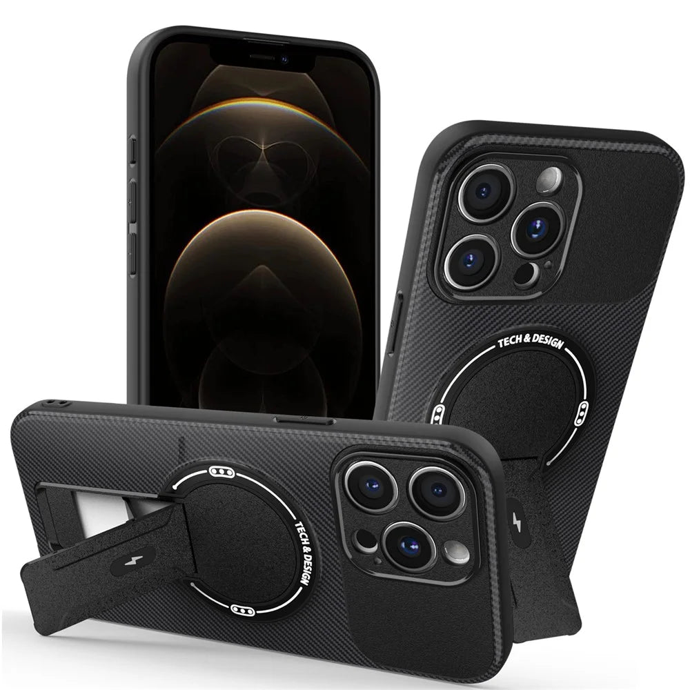 For iPhone 12 Pro Max Case with Kickstand Carbon Fiber Texture PC + TPU Phone Cover - Black - 1