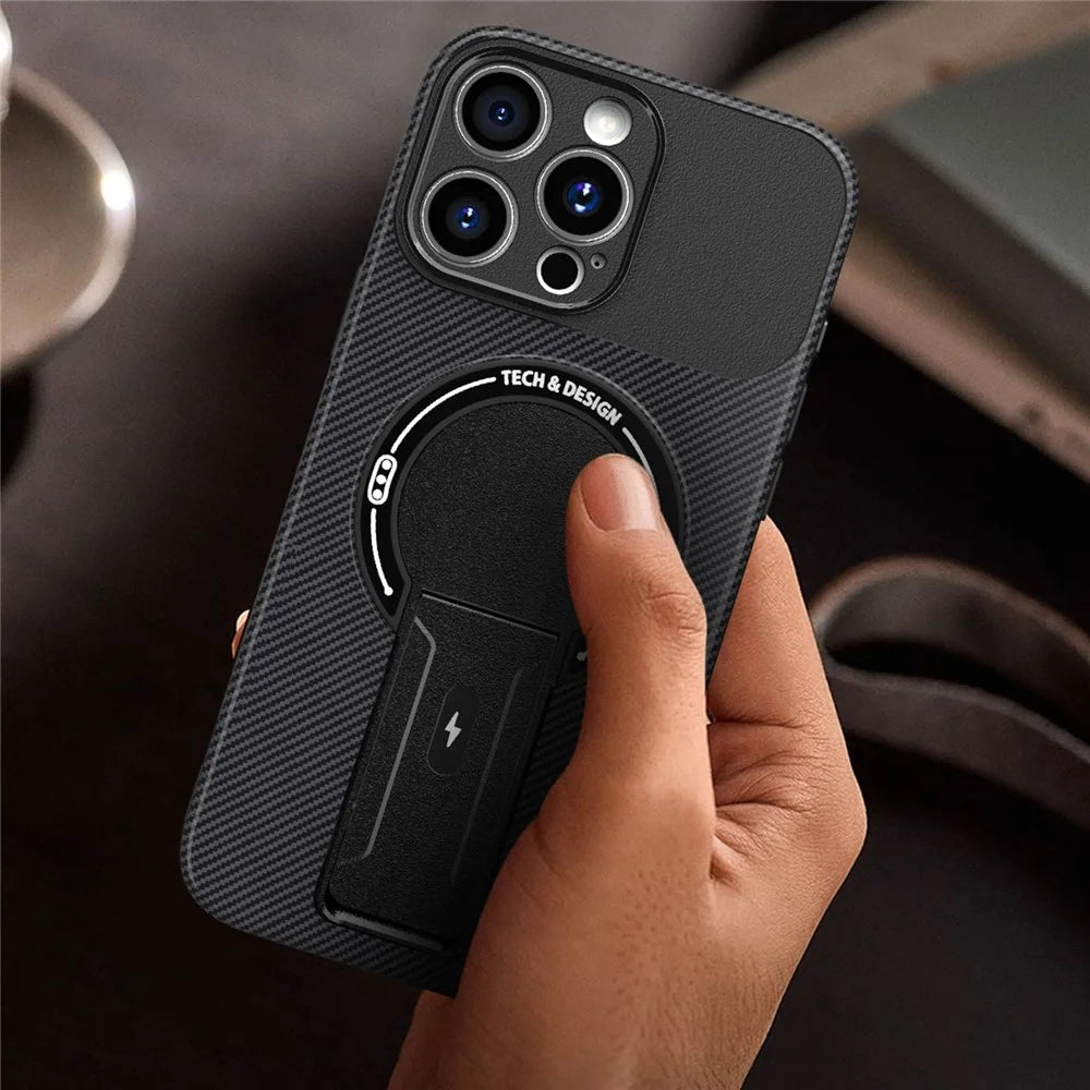 For iPhone 12 Pro Max Case with Kickstand Carbon Fiber Texture PC + TPU Phone Cover - Black - 6