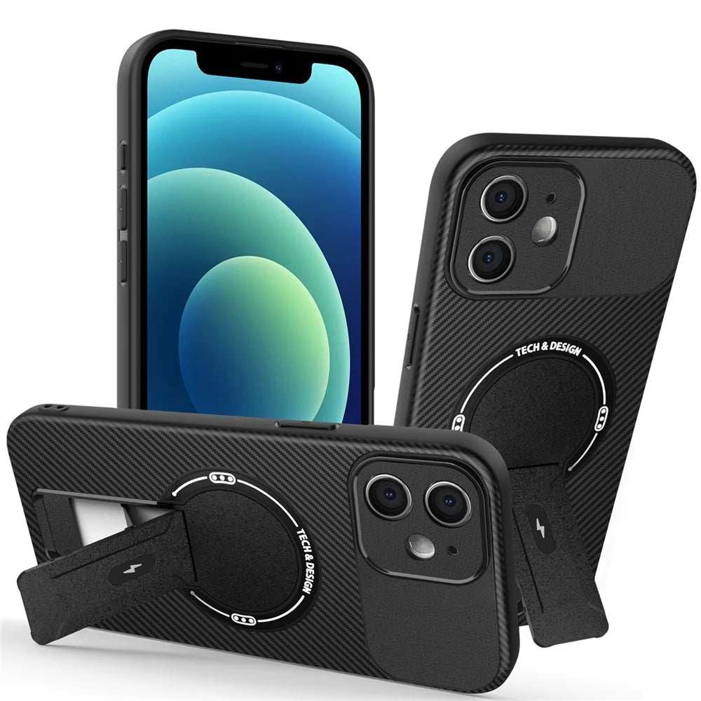 For iPhone 12 Case with Kickstand Carbon Fiber Texture PC + TPU Phone Cover - Black - 1