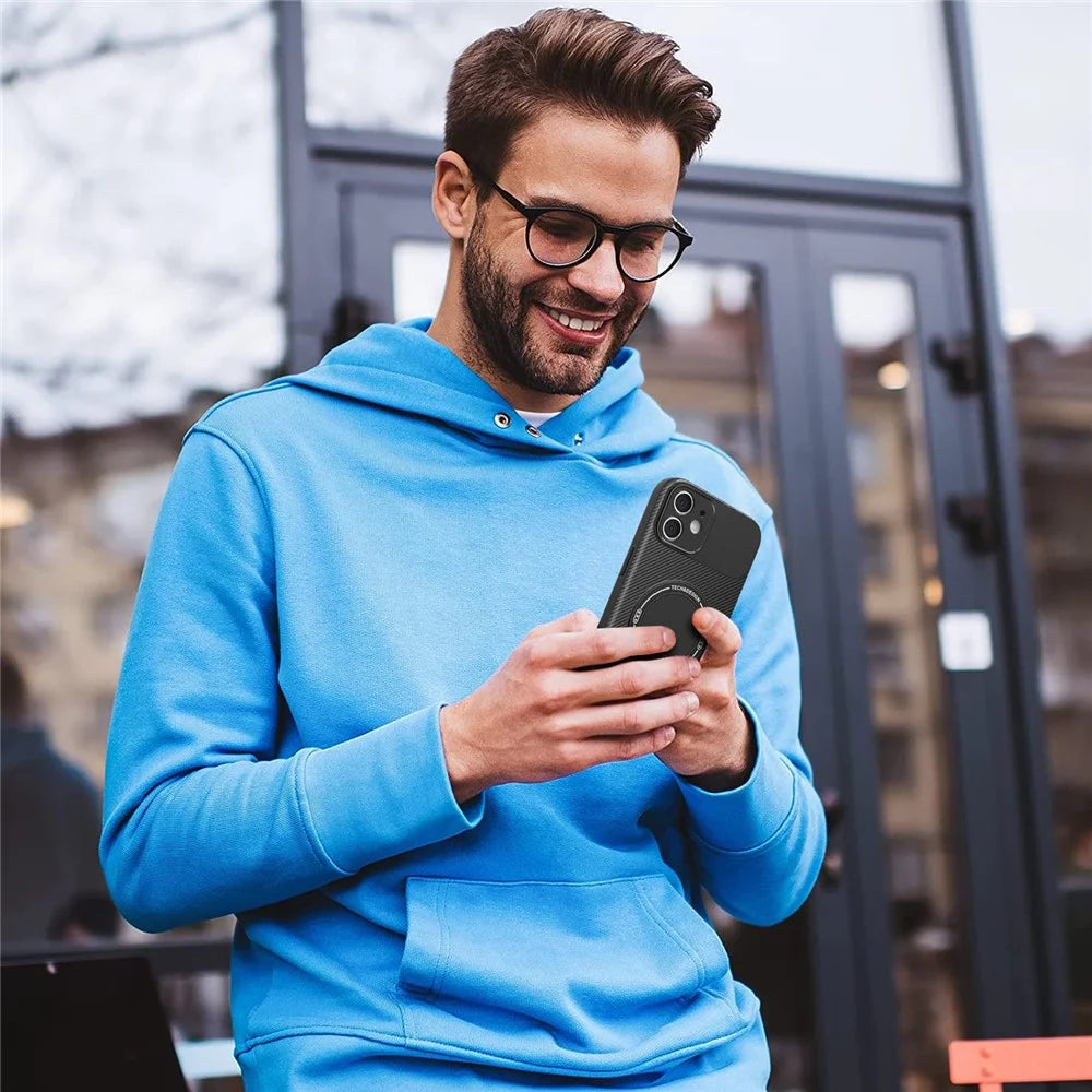 For iPhone 12 Case with Kickstand Carbon Fiber Texture PC + TPU Phone Cover - Black - 7