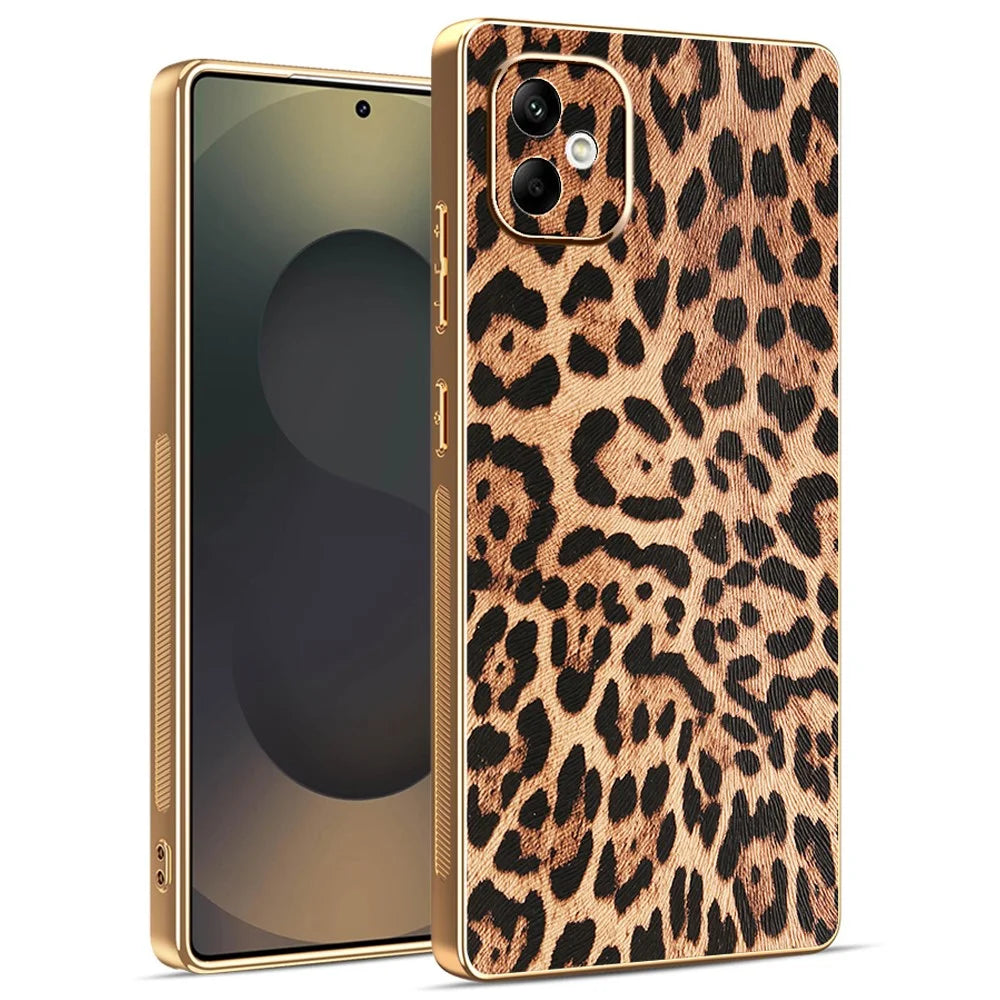 For Samsung Galaxy A06 4G Case Leopard Print PU Leather Coated PC + TPU Electroplating Phone Cover - 1