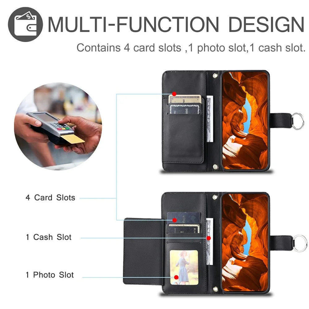 For Google Pixel 10 Pro / 10 / 9 Pro / 9 Case Ring Buckle Wallet Stand Rhombus Crossbody Leather Mobile Cover - Black - 6