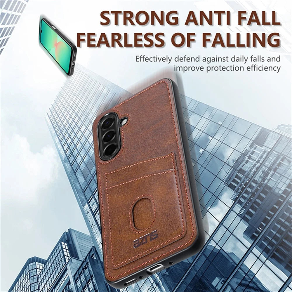 AZNS K1 Series For Samsung Galaxy S25 FE Case Calf Texture Anti-Drop PU+TPU Phone Cover with 2 Card Slot - Coffee - 6