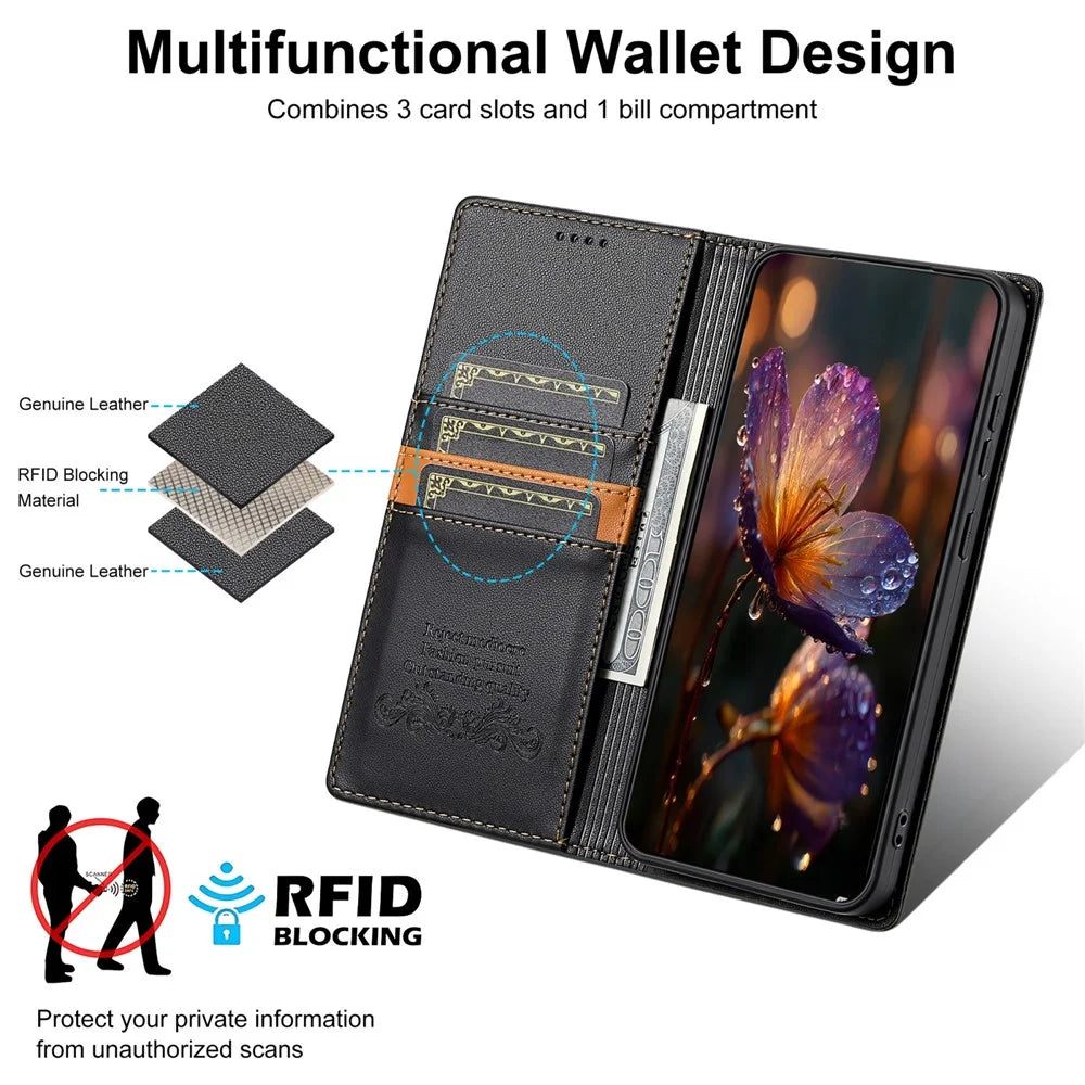 N.BEKUS P3 Phone Case For Google Pixel 10 Pro  /  10  /  9 Pro  /  9 RFID Blocking Wallet Stand PU Leather Flip Cover - Black - 5