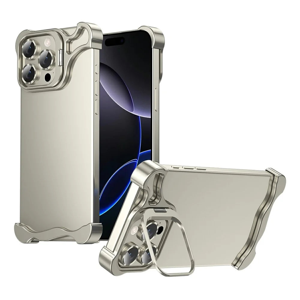 For iPhone 16 Pro Bumper Case Lens Kickstand Heat Dissipating Metal Corner Phone Cover - Titanium - 1
