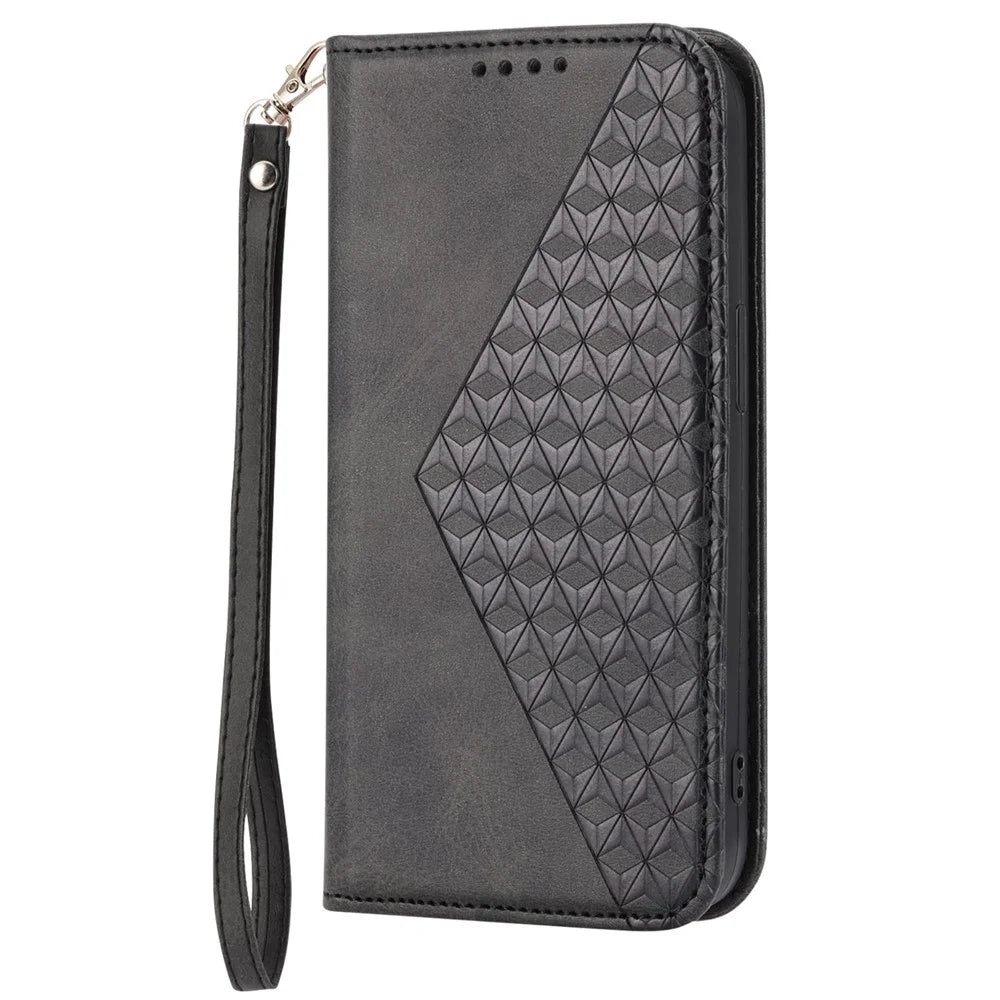 For Sony Xperia 10 IV 5G Calf Texture PU Leather Case Stand Wallet Imprinted Rhombus Pattern Magnetic Phone Cover with Strap - Black - 7