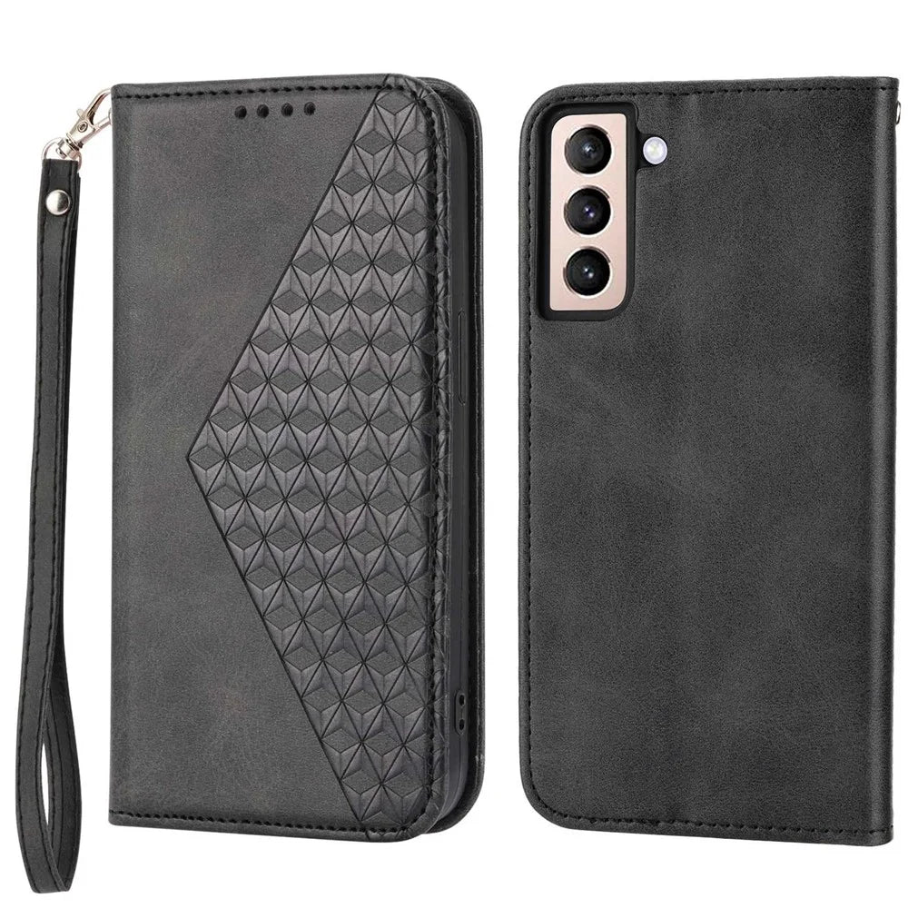 For Samsung Galaxy S21 FE 5G Calf Texture Imprinted Rhombus Pattern PU Leather Case Stand Wallet Magnetic Auto Closing Cover with Strap - Black - 1