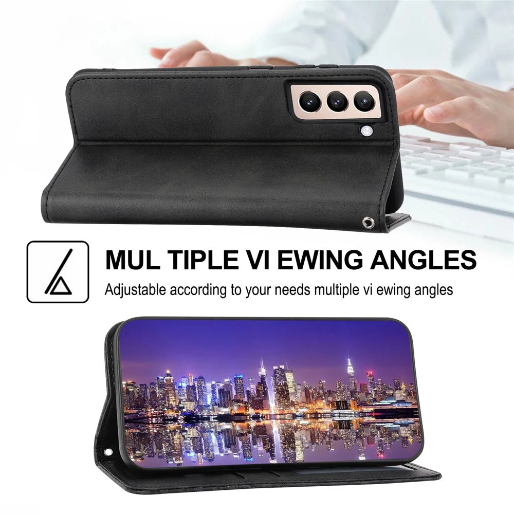 For Samsung Galaxy S21 FE 5G Calf Texture Imprinted Rhombus Pattern PU Leather Case Stand Wallet Magnetic Auto Closing Cover with Strap - Black - 4
