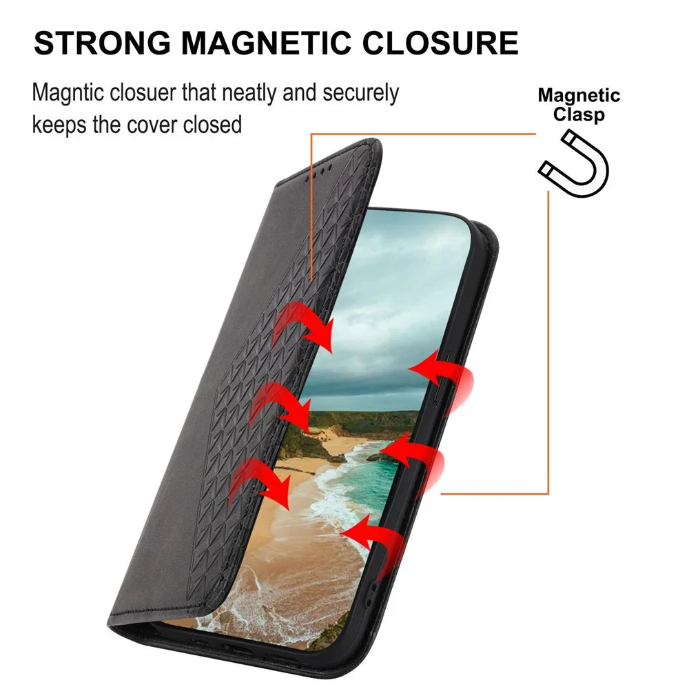 For Samsung Galaxy S21 FE 5G Calf Texture Imprinted Rhombus Pattern PU Leather Case Stand Wallet Magnetic Auto Closing Cover with Strap - Black - 5