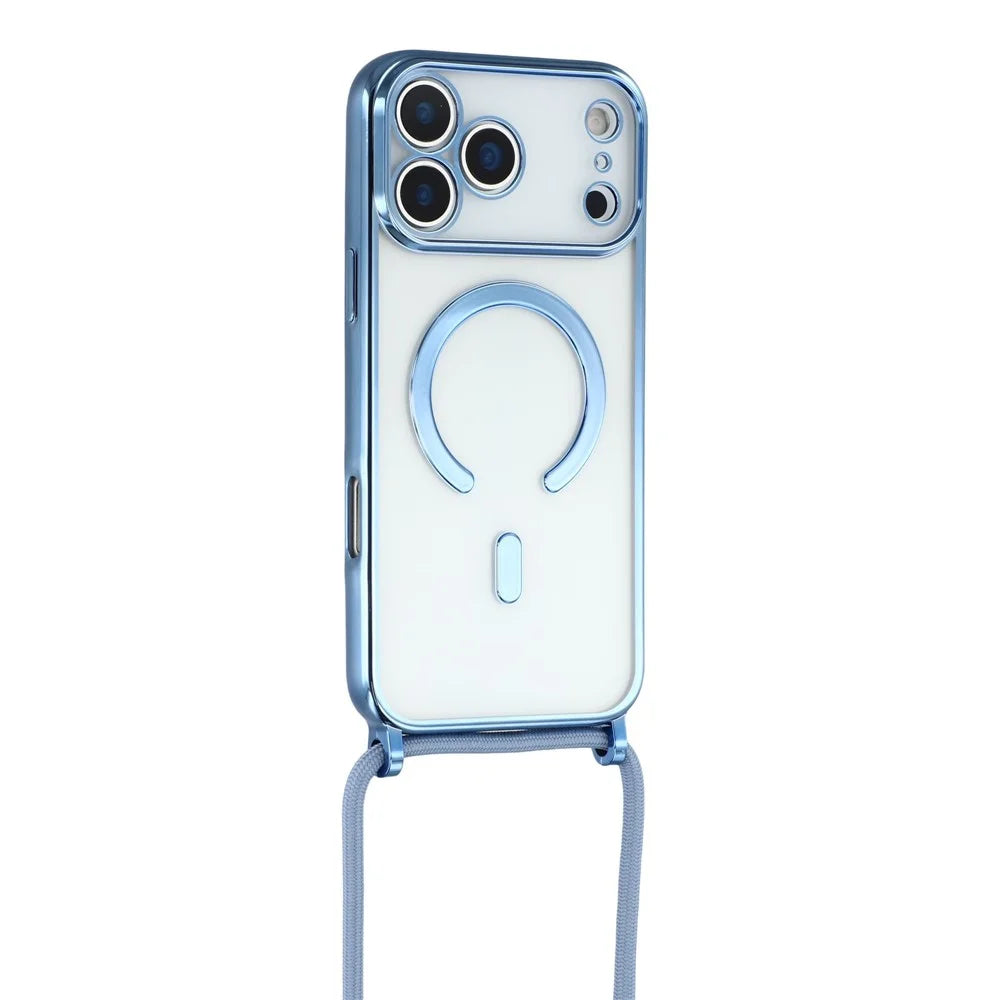 For iPhone 17 Pro Max Case Compatible with MagSafe Electroplating Edge TPU Phone Cover with Screen Film / Shoulder Strap - Blue - 3