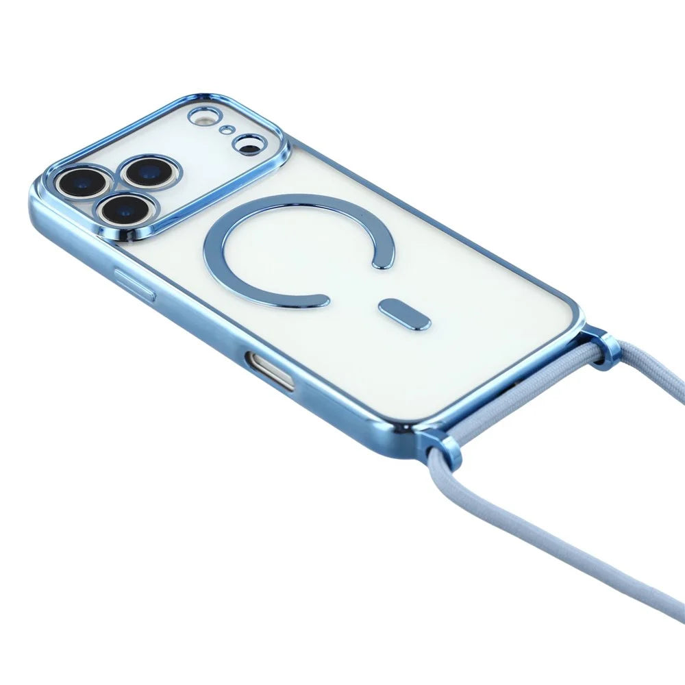 For iPhone 17 Pro Max Case Compatible with MagSafe Electroplating Edge TPU Phone Cover with Shoulder Strap - Blue - 4
