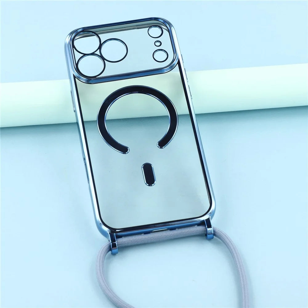 For iPhone 17 Pro Max Case Compatible with MagSafe Electroplating Edge TPU Phone Cover with Shoulder Strap - Blue - 5