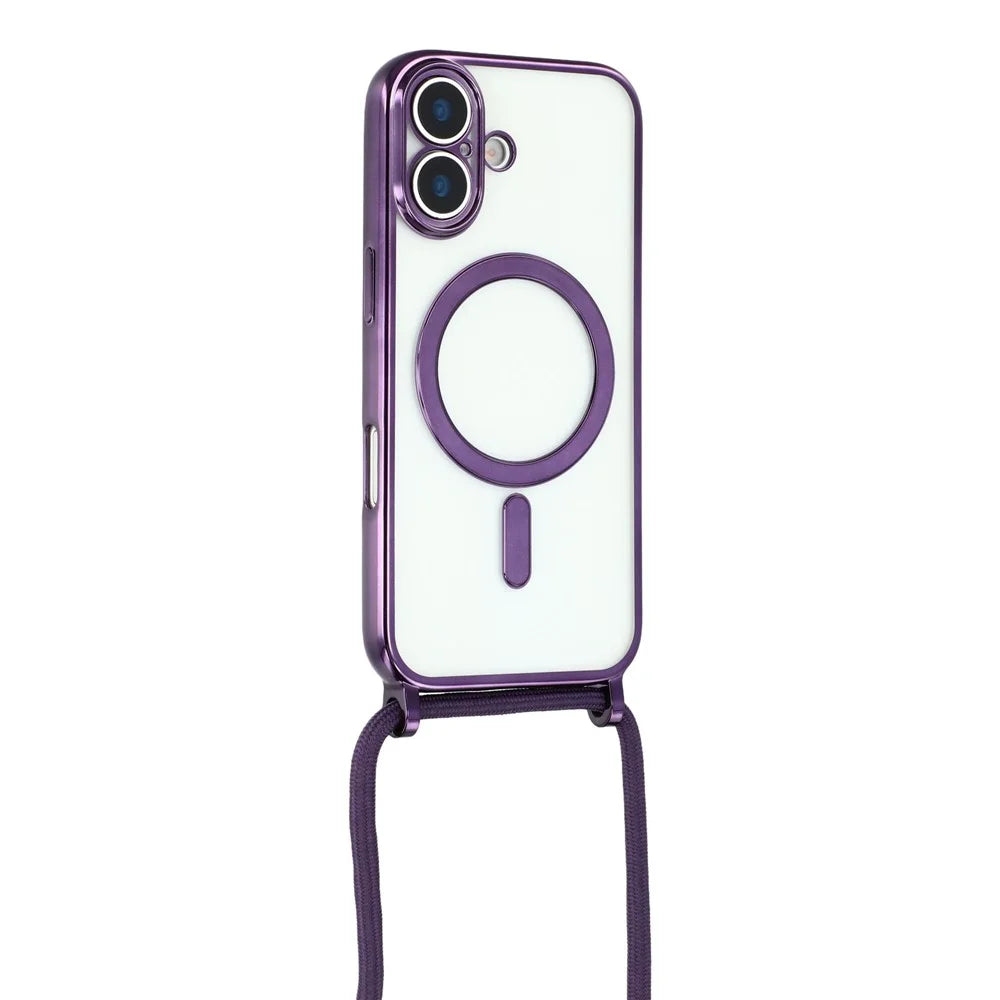 For iPhone 17 Case Compatible with MagSafe Electroplating Edge TPU Phone Cover with Shoulder Strap - Purple - 3