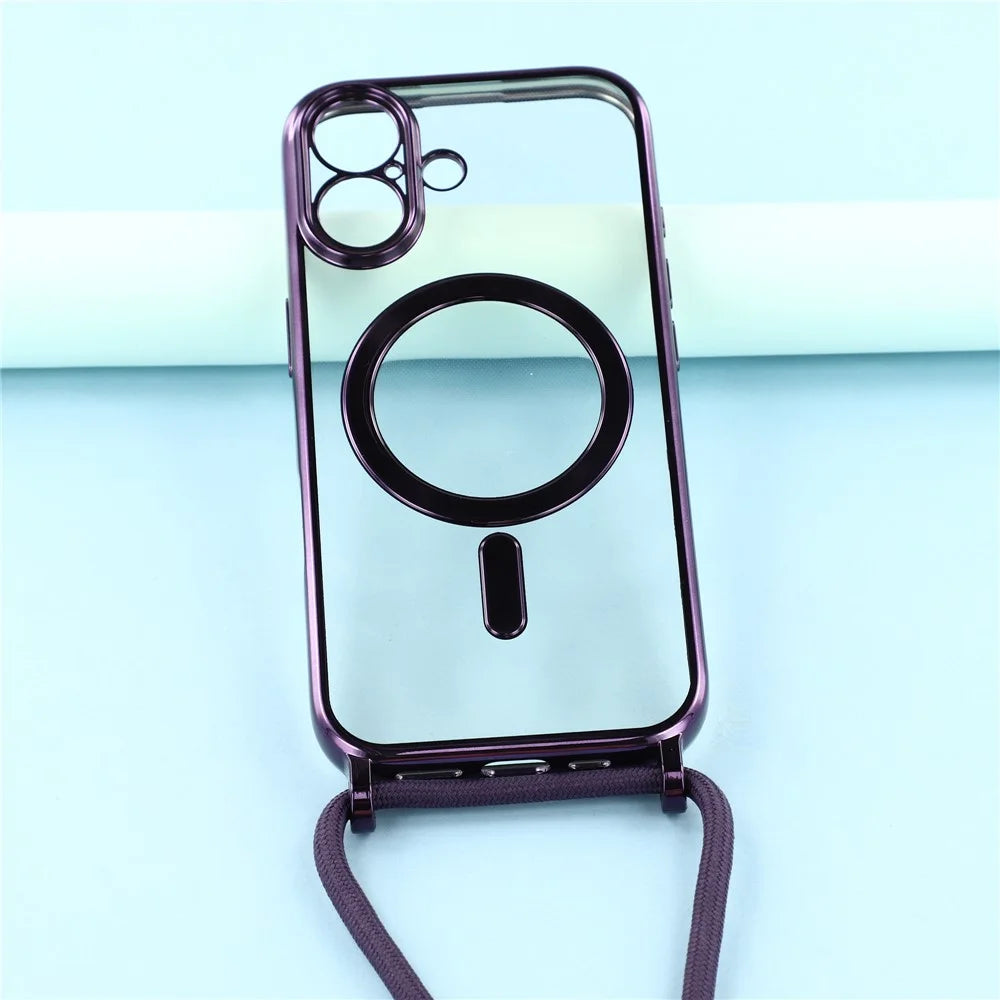 For iPhone 17 Case Compatible with MagSafe Electroplating Edge TPU Phone Cover with Shoulder Strap - Purple - 5