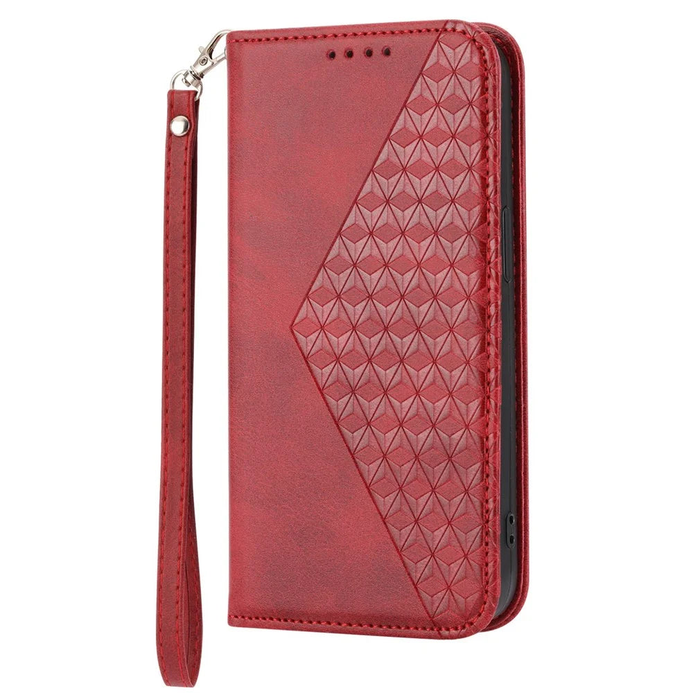 For Samsung Galaxy A32 5G / M32 5G Shockproof Calf Texture Wallet Stand Phone Case PU Leather Imprinted Rhombus Pattern Protective Phone Cover with Strap - Red - 7