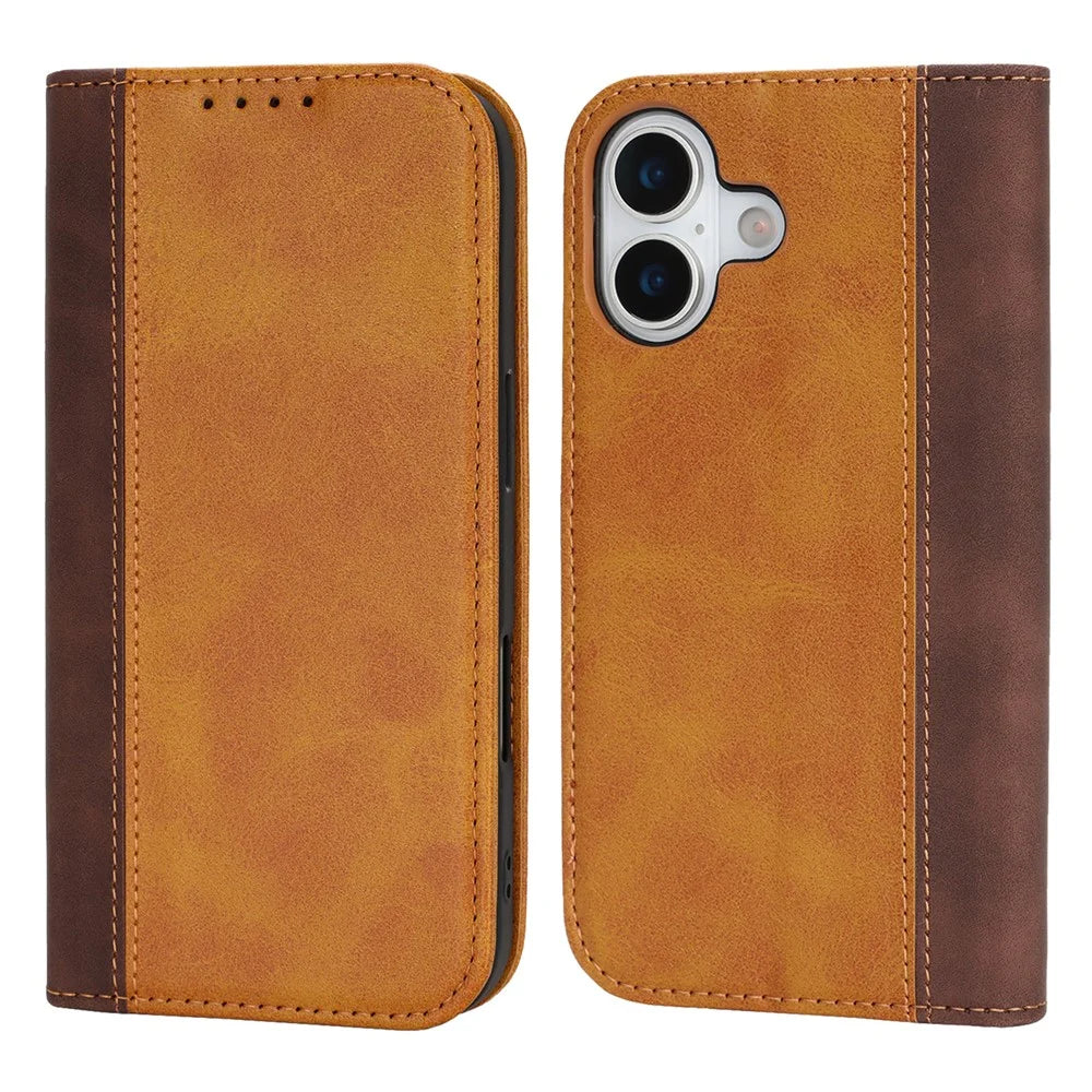 For iPhone 17 Case Calf Texture 3 Card Slots Color Splicing Leather Phone Cover - Yellow+Brown - 1