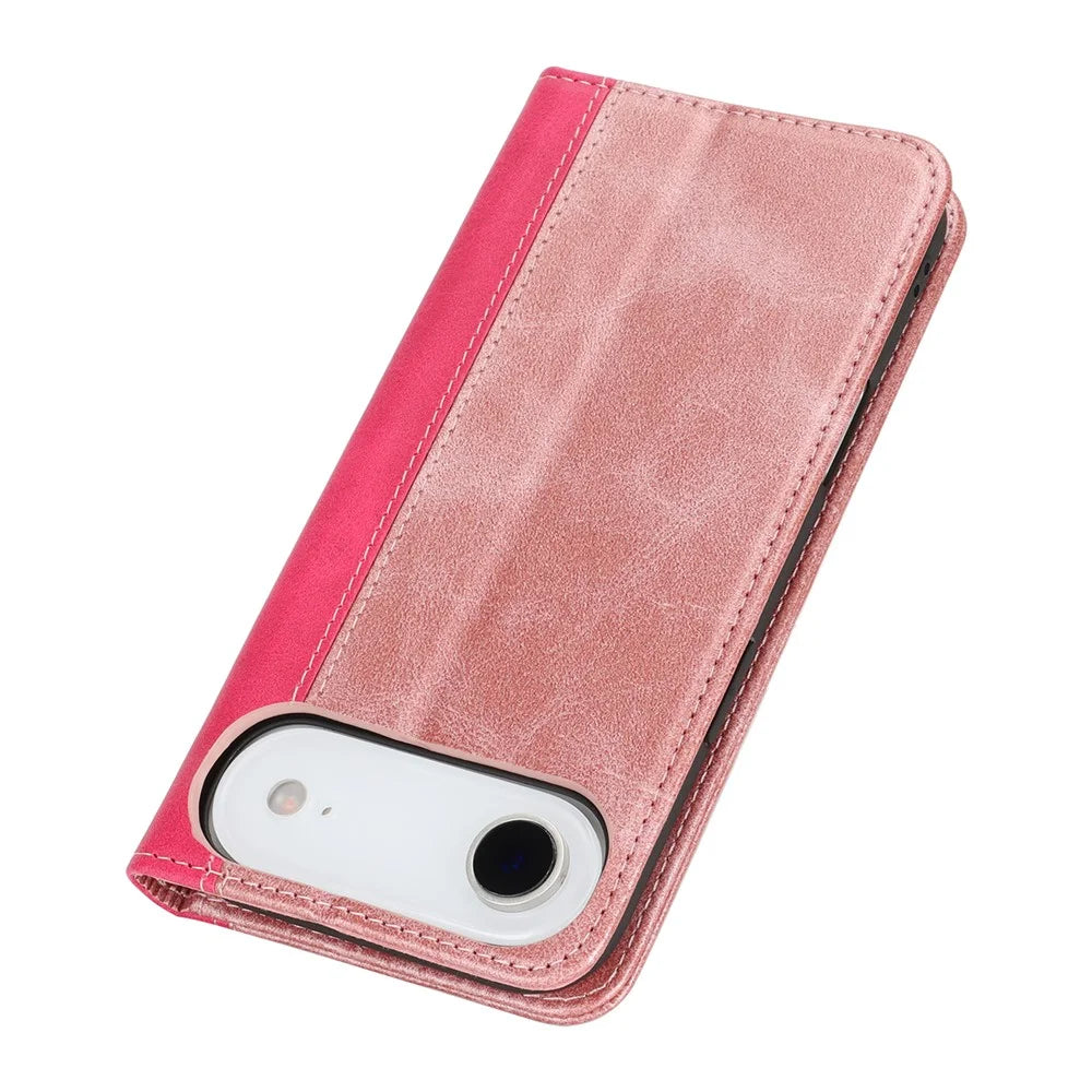 For iPhone Air Case Calf Texture 3 Card Slots Color Splicing Leather Phone Cover - Rose Gold+Rose - 6