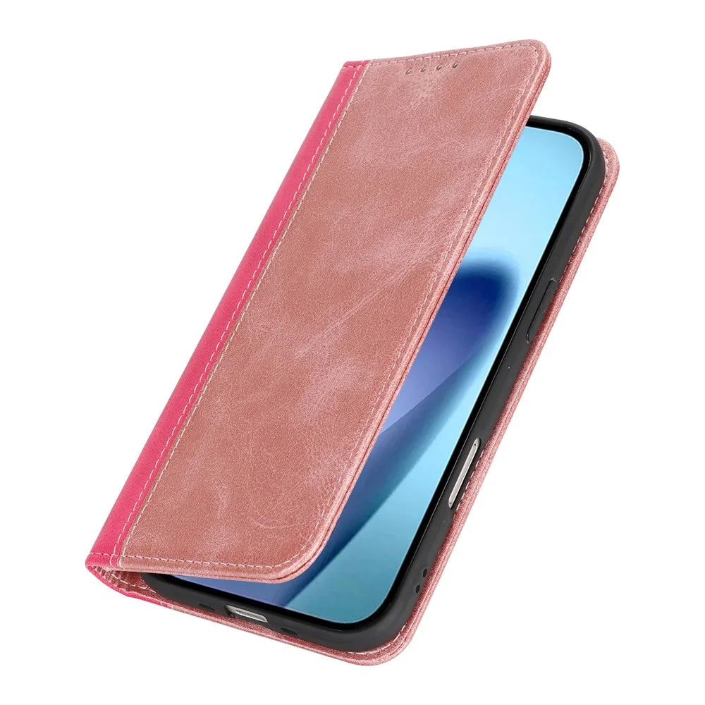 For iPhone Air Case Calf Texture 3 Card Slots Color Splicing Leather Phone Cover - Rose Gold+Rose - 7