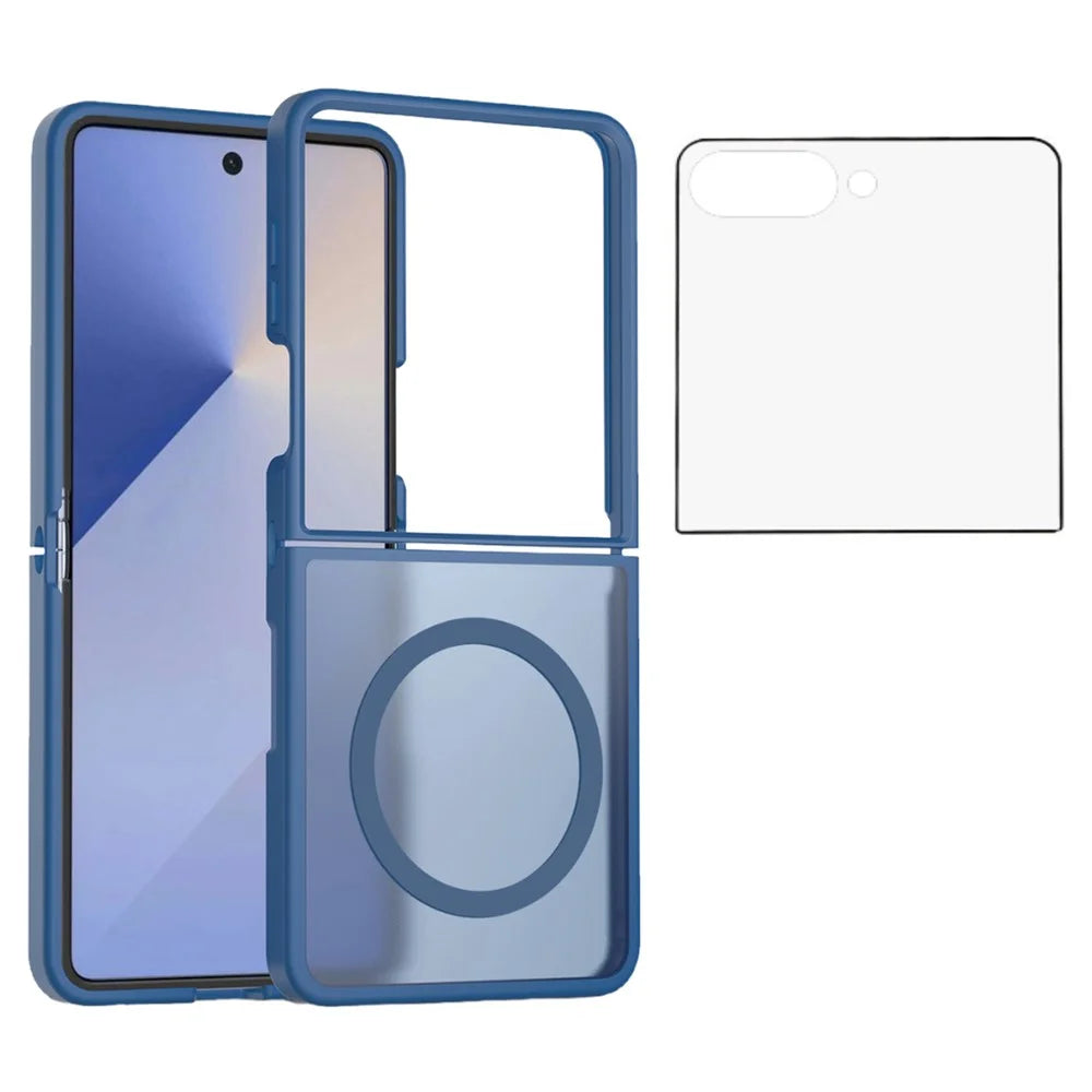 For Samsung Galaxy Z Flip7 5G Case PC + TPU Kickstand Phone Cover with Tempered Glass Screen Film - Sapphire - 1