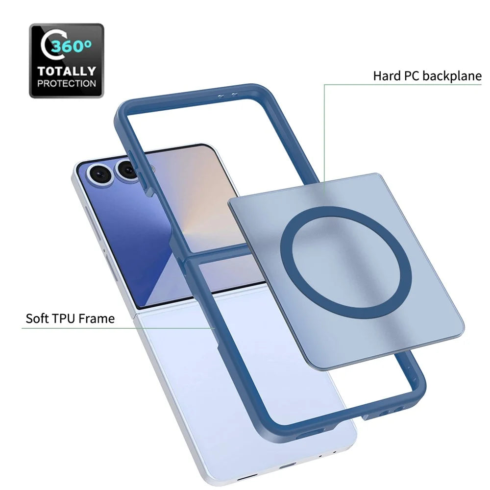 For Samsung Galaxy Z Flip7 5G Case PC + TPU Kickstand Phone Cover with Tempered Glass Screen Film - Sapphire - 6