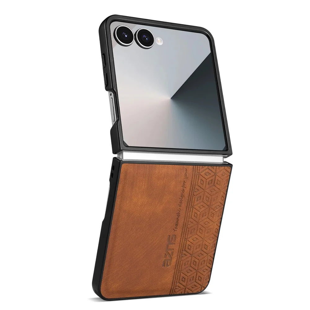 AZNS For Samsung Galaxy Z Flip7 5G Case Imprinted PU Leather Coated PC Phone Back Cover - Brown - 2