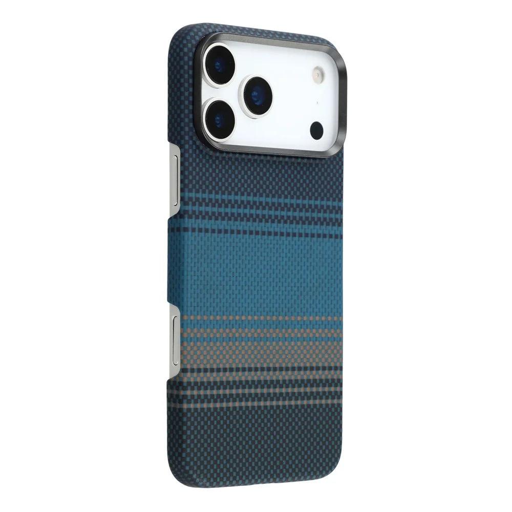 For iPhone 17 Pro Case Gradient Aramid Fiber Magnetic Phone Cover with Metal Lens Frame - Blue Floating Weave - 1