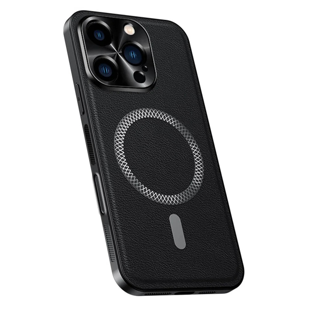 For iPhone 16 Pro Max Case Compatible with MagSafe PU TPU PC Phone Back Cover with Metal Lens Frame - Black - 1