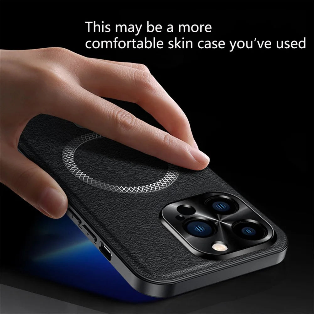 For iPhone 16 Pro Max Case Compatible with MagSafe PU TPU PC Phone Back Cover with Metal Lens Frame - Black - 2
