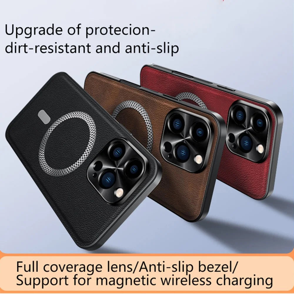 For iPhone 16 Pro Max Case Compatible with MagSafe PU TPU PC Phone Back Cover with Metal Lens Frame - Black - 7