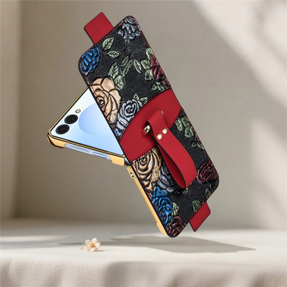 For Samsung Galaxy Z Flip7 5G Kickstand Case Flower Pattern Leather+PC Phone Cover with Back Film - Black - 4