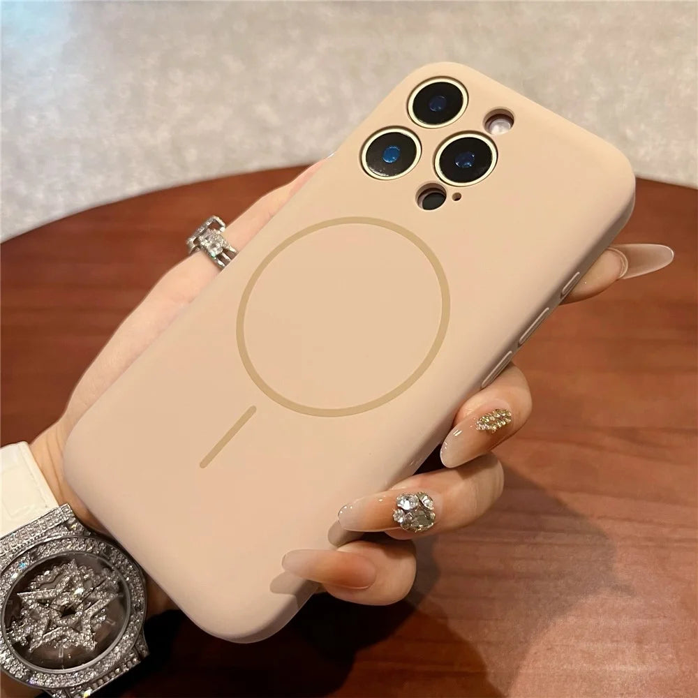 For iPhone 16 Pro Magnetic Case Skin Touch Liquid Silicone PC Shockproof Phone Cover - Desert Gold - 3