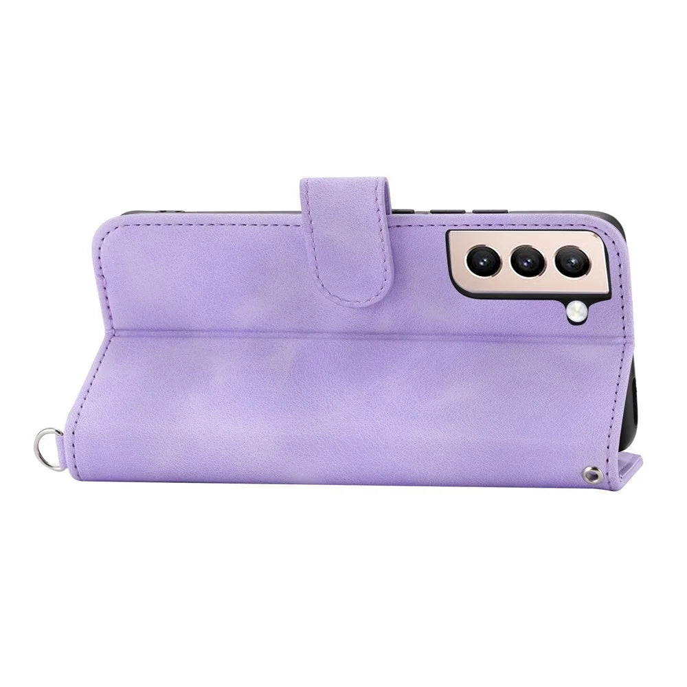 For Samsung Galaxy S21 FE 5G Skin-touch Feeling Phone Cover Shell Imprinted Flowers Pattern Stand Wallet Leather Phone Case with Wrist Strap and Shoulder Strap - Light Purple - 3
