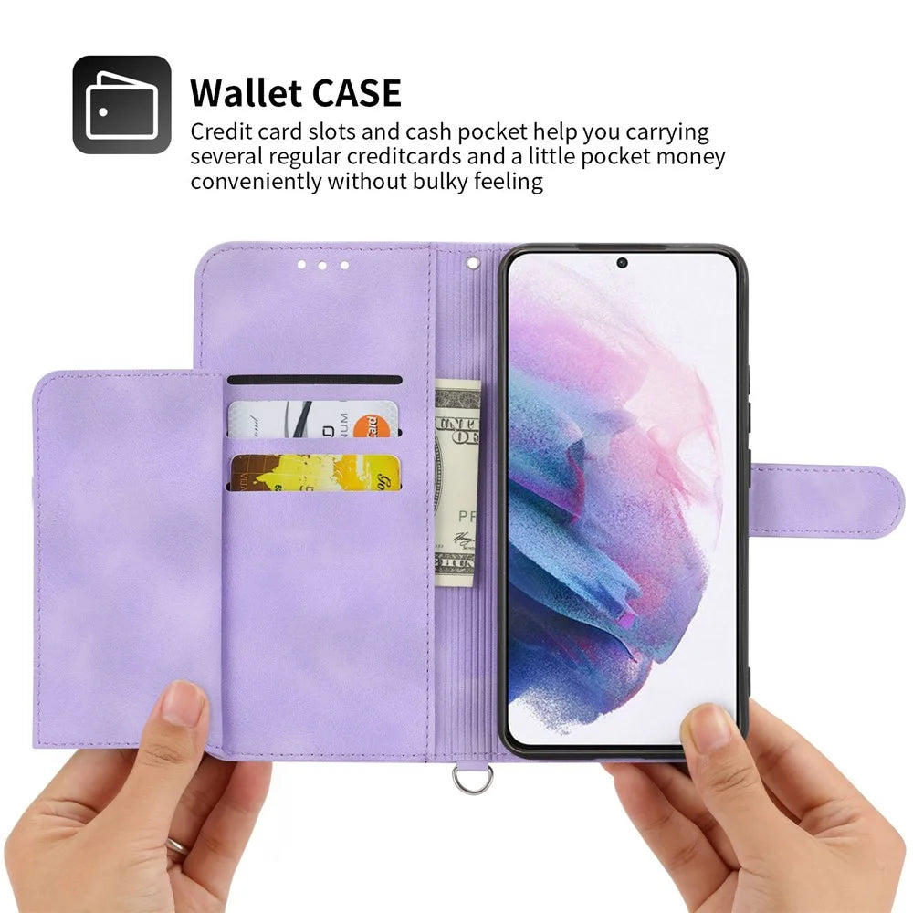 For Samsung Galaxy S21 FE 5G Skin-touch Feeling Phone Cover Shell Imprinted Flowers Pattern Stand Wallet Leather Phone Case with Wrist Strap and Shoulder Strap - Light Purple - 4