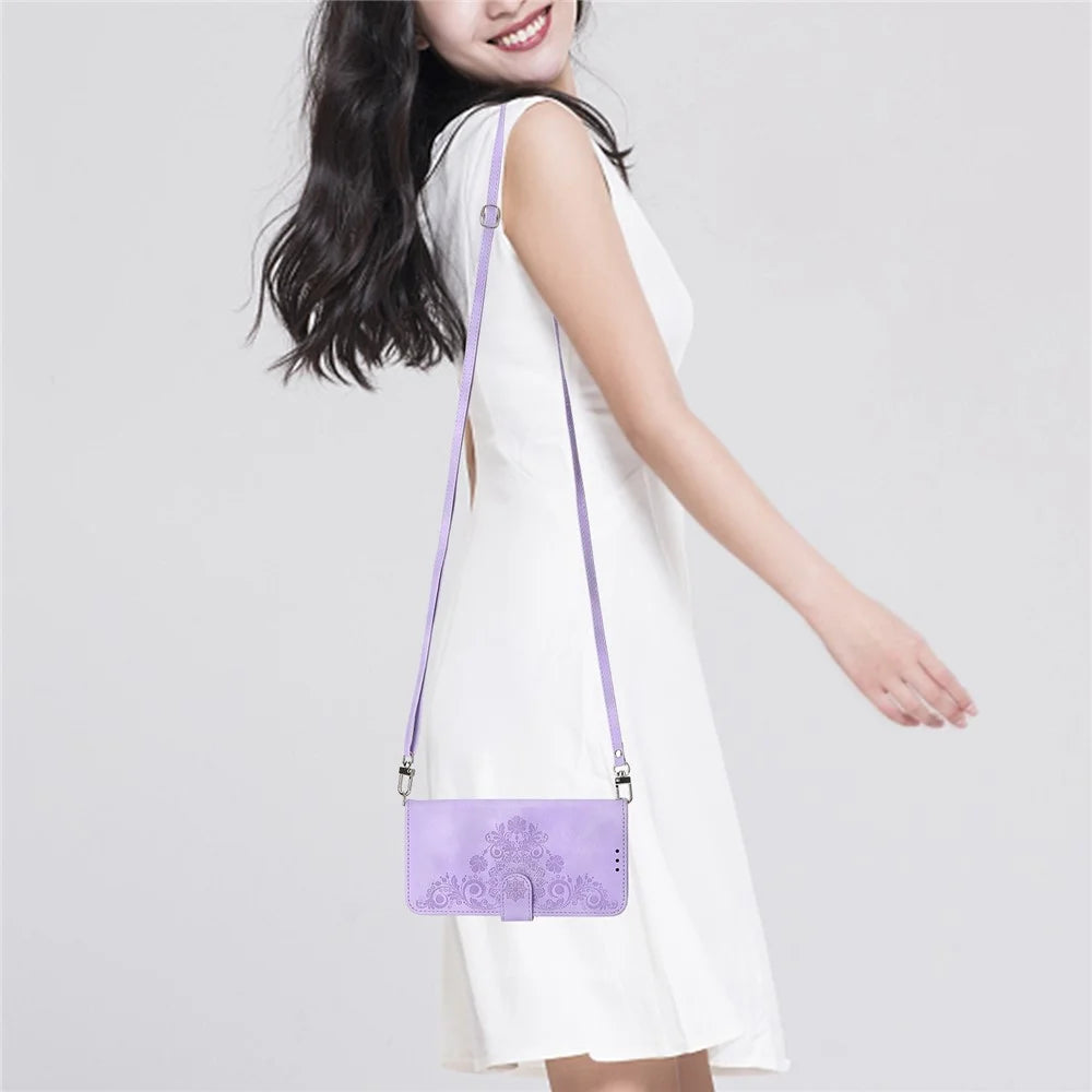 For Samsung Galaxy S21 FE 5G Skin-touch Feeling Phone Cover Shell Imprinted Flowers Pattern Stand Wallet Leather Phone Case with Wrist Strap and Shoulder Strap - Light Purple - 5