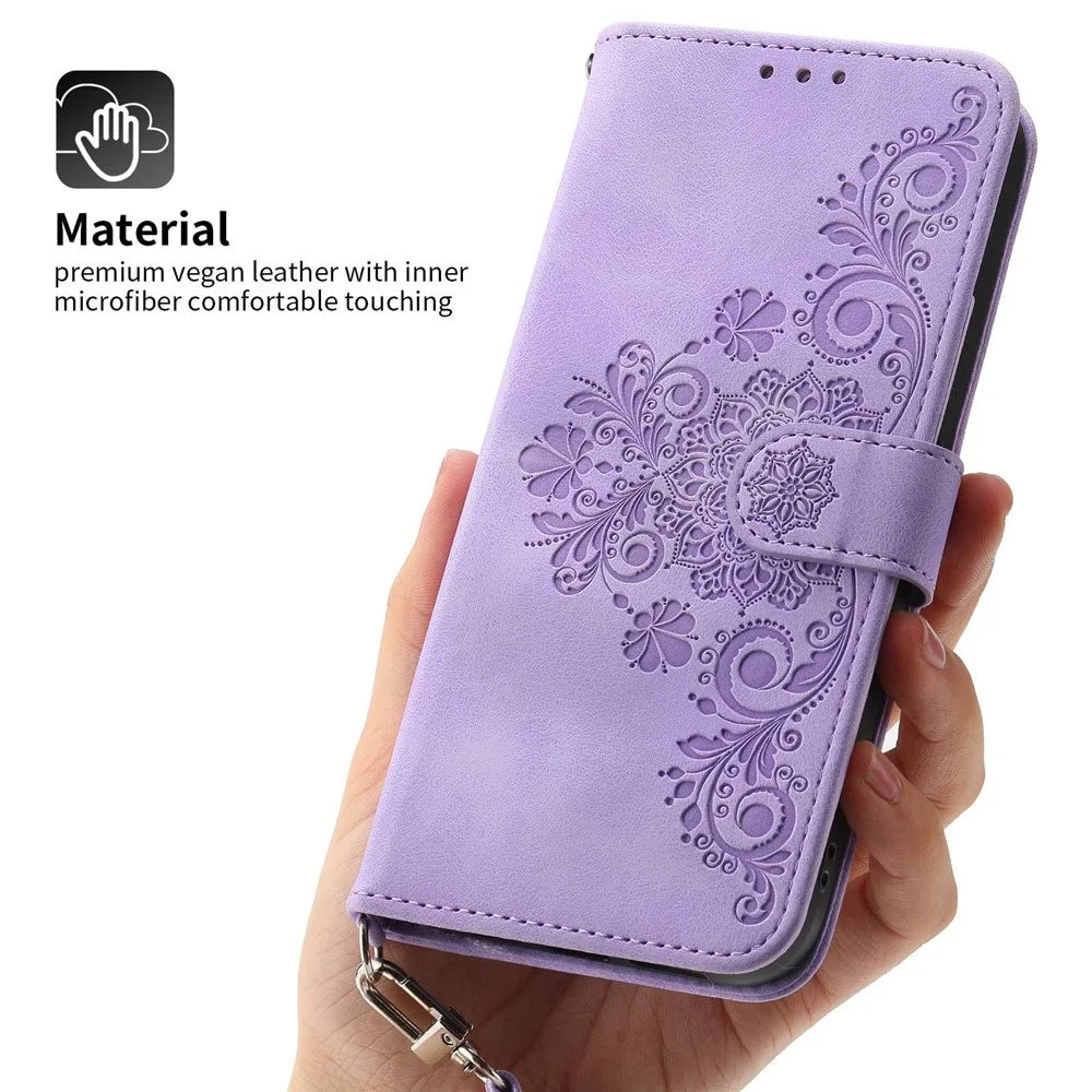 For Samsung Galaxy S21 FE 5G Skin-touch Feeling Phone Cover Shell Imprinted Flowers Pattern Stand Wallet Leather Phone Case with Wrist Strap and Shoulder Strap - Light Purple - 6